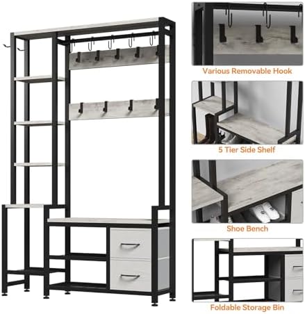 Hall Tree for Entryway 43", Bench with Shoe Storage, Large Coat Rack Shoe Bench with 5 Tier Shelves, 5 in 1 Design Front Door Shoe Rack and Wall Rack Hooks, and 2 Drawers (Rustic White) - Image 5