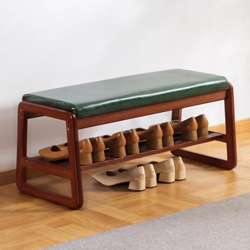 latifolia Solid Wood Bench, Entryway Shoe Bench with Cushion, 2 Tier Shoe Storage Organizer for Hallway, Living Room(Green,31.50''L) by Latifolia