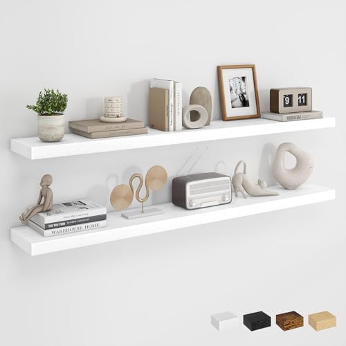 Dreamland 48Inch Floating Shelves for Wall, Rustic Wooden White Floating Shelves for Living Room, Kitchen, Farmhouse, Deep Wall Mounted Book Shelf, Wood Storage Display Shelf for Home Decor, Set of 2 by Dreamland