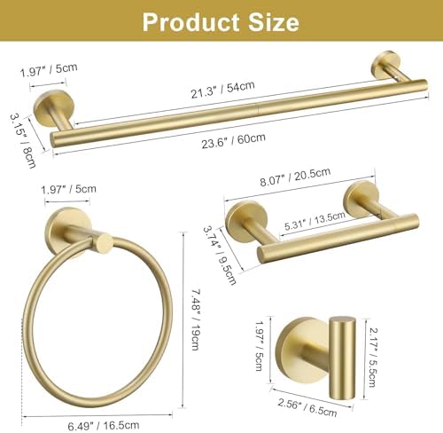 10 Pieces Brushed Gold Bathroom Hardware Towel Bar Set for Bathroom Wall, 23.6Inch Bathroom Accessories Set Upgraded Bathroom Towel Holder, Stainless Steel Towel Racks Bathroom Wall Mounted - Image 6