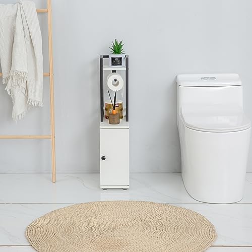SUNTAGE Small Bathroom Storage Cabinet, Narrow Side Bathroom Organizer w/Toilet Paper Roll Holder and Metal Frame, Slim Toilet Paper Storage Cabinet for Bathroom, White - Image 7
