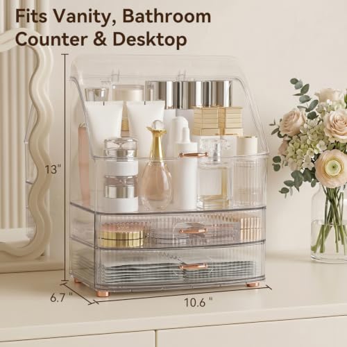 Makeup Organizer Countertop for Vanity with Lid and 2 Drawers, Clear White - Image 2