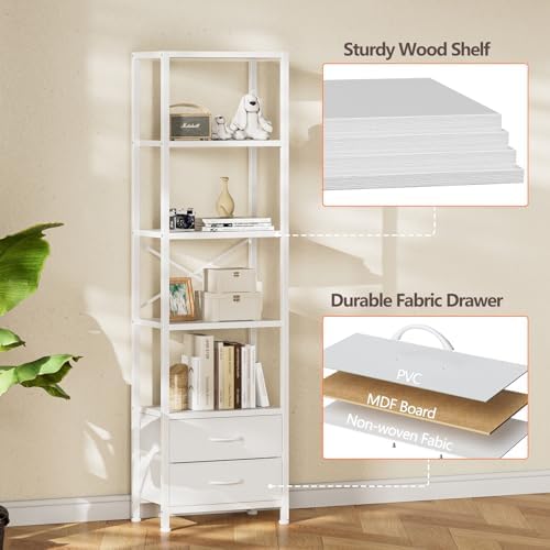 Furnulem 5-Tier Corner Shelf,Tall Narrow Bookshelf with Drawers,White - Image 5