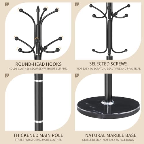 Metal Coat Rack Stand, Modern Freestanding Coat Rack with Natural Marble Base, Black Coat Racks and Coat Hall Tree Hanger Stand with 12 Hooks for Entryway, Hallway, Office - Image 3