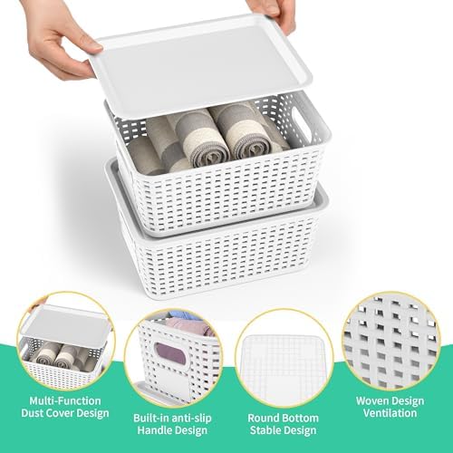 8 Pack Plastic Storage Baskets,White Stackable Bins with Lid - Image 2
