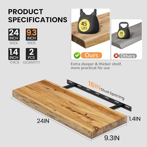 Fun Memories Floating Shelves for Wall, 24"x9.3" Solid Wood Floating Live Edge Shelf, Heavy-Duty Wall Shelf with Invisible Brackets, Set of 2 for Living Room, Bedroom, and Kitchen, Natural Finish - Image 3
