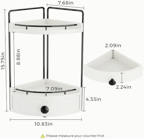 2-Tier Corner Bathroom Counter Organizer with Drawer, White - Image 3