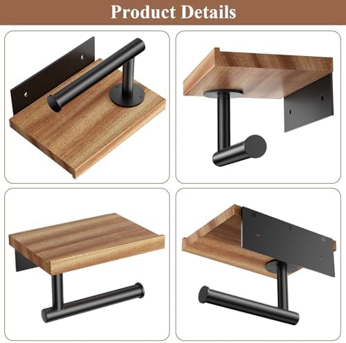 Tindbea Toilet Paper Holder with Wood Shelf, Wooden Wall Mount Tissue Paper Roll Holder, Matte Black Stainless Steel Bathroom Accessories Decor for Home (Sapele, Matte Black) - Image 5