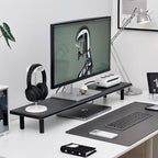Bamboo Dual Monitor Stand Riser, Black Desk Shelf with Storage by Rocdeer