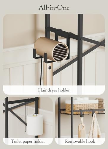 Quikraen 4 Tier Over The Toilet Storage Shelf with 3 Adjustable Shelves, Space Saver Bathroom Organizer with 4 Hooks, Freestanding Above Toilet Rack for Restroom Laundry (Black) - Image 4