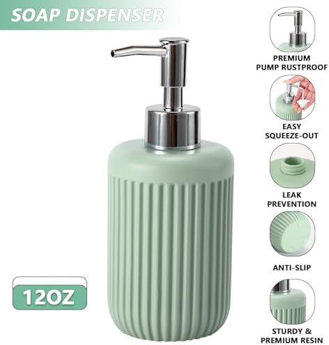 XLHOMO Resin Light Green Bathroom Accessories Set 5 Pcs, Lotion Soap Dispenser, Toothbrush Holder, Bathroom Tumbler, Qtip Holder and Vanity Tray, Bathroom Countertop Organizer Set for Modern Apartment - Image 3