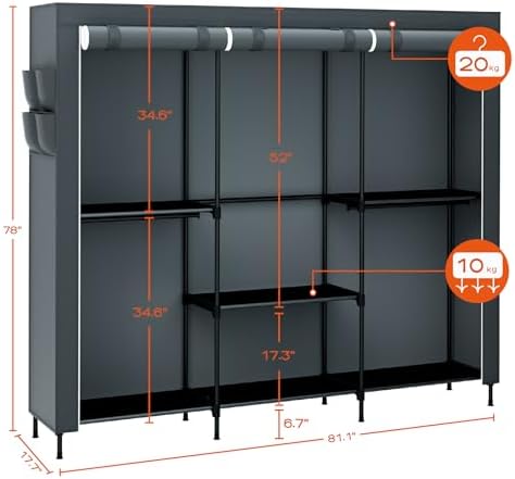 CASAMAYA Clothes Rack, Portable Closet, 81.5 Inch Large Capacity Wardrobe Closet, Clothes Storage Organizer with Shelves and 5 Hanging Rods, Easy to Assembly, Grey PCT136G01 - Image 5