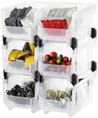 VEVOR Plastic Stackable Storage Bins, 14.8 x 8.5 x 7.1 inch (6 Pack), Plastic Containers for Organizing & Storage Bins for Closet, Garage, Small Parts, Office Supplies, Other Accessories, Transparent by VEVOR
