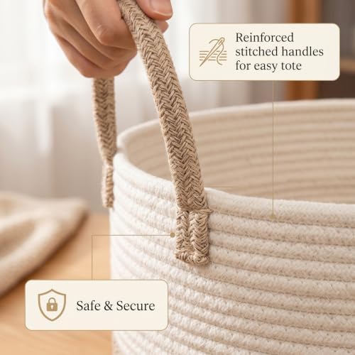 Large Cotton Rope Storage Basket 80L, White and Brown Woven Basket with Handles, Decorative Laundry Hamper for Bedroom Living Room, Tall Blanket Basket for Clothes Towels Pillows - Image 4