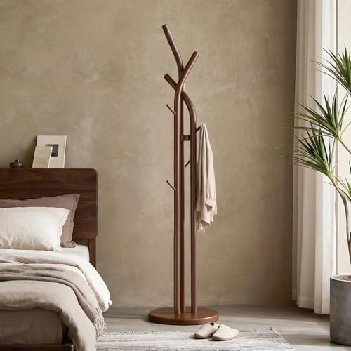 Solid Wood Coat Rack Freestanding Wood Coat Tree Rack with 9 Hooks, Creative Tree-Shaped Design, Standing Coat Rack Clothes Hanger Stand with Sturdy Base for Entryway, Bedroom - Load 300lb (Walnut) by Unknown