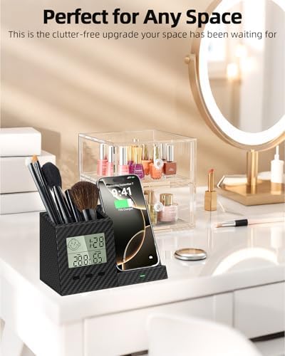 Desk Organizer with Wireless Charger, Digital Clock, Thermometer & Hygrometer - Multi-Functional Pencil Holder, Office Desk Accessories Storage Caddy for Home, Office, Men, Women (Battery Included) - Image 5