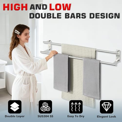 Alise 32 inch Double Towel Bar for Bathroom Wall Mounted, Brushed Nickel - Image 2