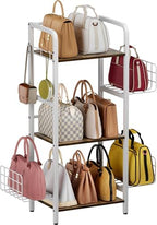 3-Tier Purse Organizer Rack, Iron & Wood Floor-Standing Bag Storage Holder with Adjustable Side Basket and Hook Handbag Organizers Display Stand Shelf for Closet, Bedroom, Entryway, White by Tuohours