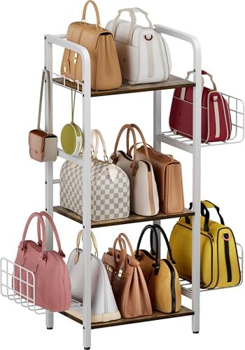 3-Tier Purse Organizer Rack, Iron & Wood Floor-Standing Bag Storage Holder with Adjustable Side Basket and Hook Handbag Organizers Display Stand Shelf for Closet, Bedroom, Entryway, White by Tuohours
