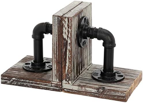 MyGift Decorative Bookends, Office Book Ends for Shelf, Book Holder L-Shaped Stand Desktop, Solid Torched Wood with Realistic Industrial Pipe Design - Image 3