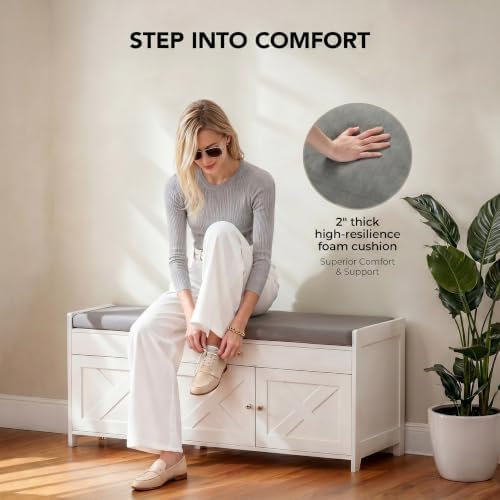Marsail Shoe Storage Bench with Seating, Farmhouse Entryway Bench with Shoe Storage and Cushion, Under Window Benches Wooden Ottoman for Bedroom, Entry Way, Living Room, White - Image 5