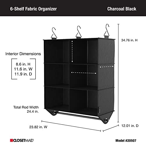 ClosetMaid 6-Shelf Fabric Hanging Closet Organizer with Garment Rod for Shirts, Sweaters, Pants, Hats, Shoes, Purses with Charcoal Black Finish - Image 5