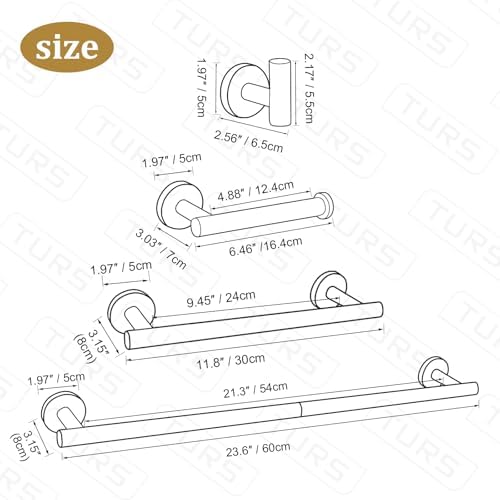 TURS Brushed Gold 10 Pieces Bathroom Hardware Set, SUS304 Stainless Steel 24 Inch Bath Towel Bar Set, Round Bathroom Accessories Kit Wall Mounted - Image 7