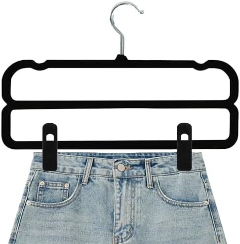 WJWSKI Velvet Pants Hangers with Double Non Slip Bar - with Adjustable Clips- Thin Space Saving Clothes Hanger - 360° Swivel Felt Trouser Hanger Perchas Terciopelo 10 Pack (Black) - Image 4