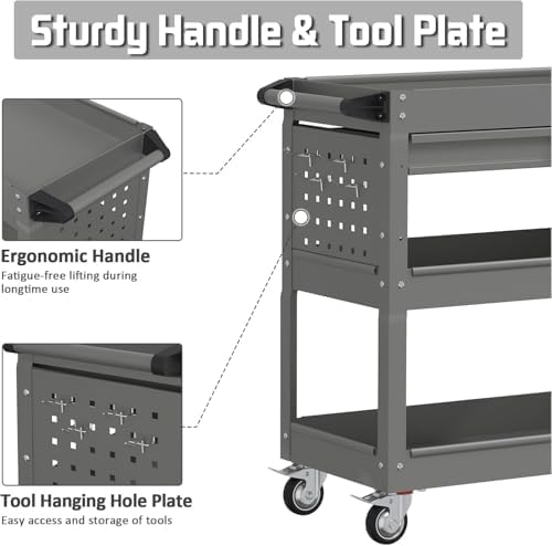 3 Tray Rolling Tool Cart with Drawers, 400 LBS Capacity Mechanic Tool Cart on Wheels, Heavy Duty Utility Cart with Pegboard, Metal Work Cart for Garage and Repair Shop, Grey - Image 4