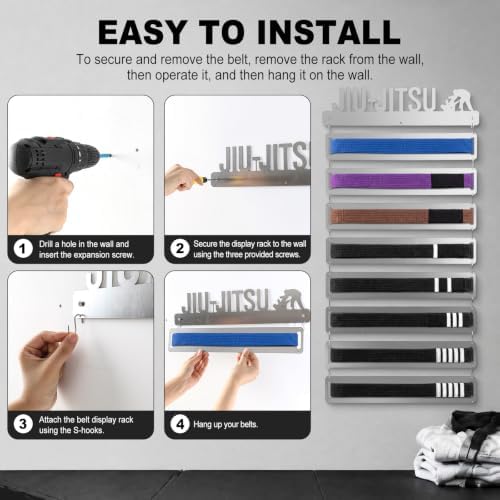 Brazilian Jiu Jitsu Belt Display Rack 8 Tier Stainless Steel BJJ Belts Hanging Holder for Martial Arts Practitioners Wall Mounted Karate Taekwondo Belt Display Case with Mounting Hardware - Image 4