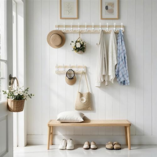 SKOLOO Simple Wall Mounted Coat Rack - 38.6" Long Coat Hooks for Wall with 10 Triple Hooks for Hanging Coats, Hats or Tools - Kitchen, Mudroom, Entryway, Bathroom, Wood Natural & White - Image 2