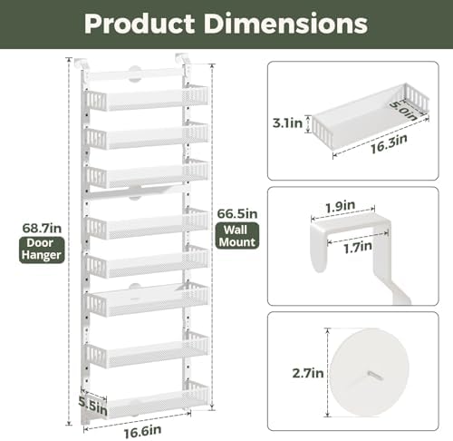 POKIPO 8-Tier Over the Door Pantry Organizer, 2 IN 1 Wall Mount or Hanging Spice Rack with Adjustable Raised Basket, Heavy Duty Back of Door Storage for Kitchen Bathroom Laundry Room - Image 2