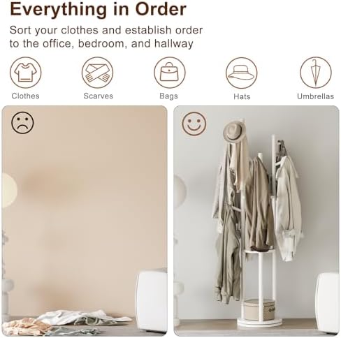 Muwuele Solid Wood Rotary Coat Rack, Freestanding Coat Rack with 3 Shelves and 9 Hooks, Coat tree for Bedroom, Entryway, Livingroom, Coat Hanger Stand for Coats, Scarves, Handbags (White) - Image 6