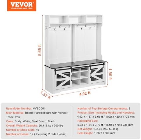 VEVOR Hall Tree Entryway Bench, LED Coat Rack with Shoe Storage, 59" Wide Mudroom Bench with Storage and Seating, Adjustable Shelves and 12 Hanging Hooks, for Mudroom, Entryway, Hallway - Image 3