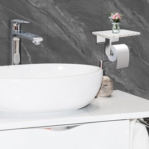 Toilet Paper Holder with Natural Marble Shelf for Bathroom Washroom,Wall Mounted Tissue Holder Suitable for Mega Roll (Brushed Nickel, Middle 7.87 * 4.72 in) - Image 6