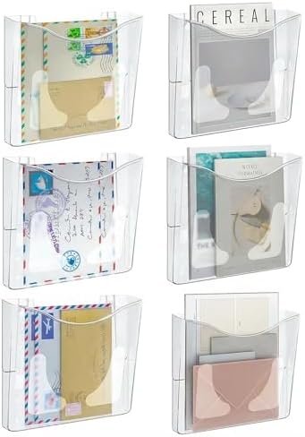 PAG-Mass 6-Pocket Clear Wall Mount File Organizer for Office, Vertical Hanging Document Paper Folder Holder for Home, Letter Size Mail Sorter, Transparent Magazine Literature Rack with Mounting by PAG