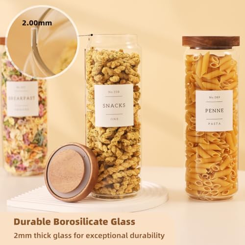 3 Pack Glass Canisters with Airtight Acacia Lids and 132 Kitchen Pantey Labels Preprint - 45 Fl Oz Borosilicate Glass Pantry Storage Jars Containers with Wooden Lids for Tea,Sugar,Cookie,Coffee,Nuts - Image 3
