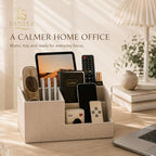 Pen Holder for Desk, 4-Compartment PU Leather Desk Organizer, Beige - Image 5