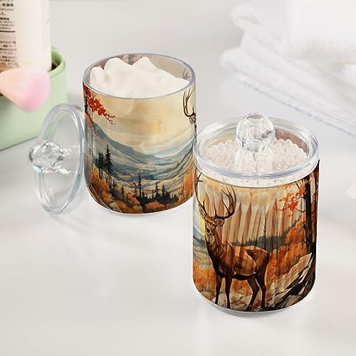 Vnurnrn Qtip Cotton Ball Holder Dispenser with Lid Autumn Forest Deer Print, Plastic Jars Bathroom Canisters Storage Organizer 4 Pack - Image 5