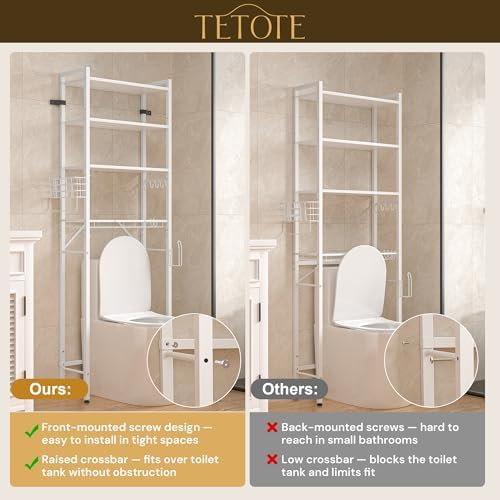 TETOTE Over-The-Toilet Storage Rack, 4-Tier Bathroom Organizer Shelf Over Toilet with Adjustable Shelf and Basket, Freestanding Space Saver Bathroom Shelves Above Toilet for Room(White) - Image 6