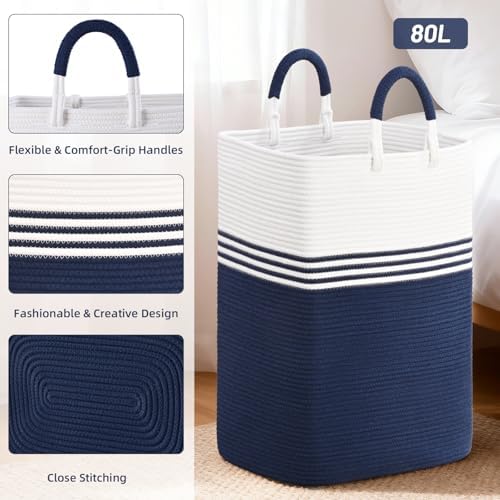 Laundry Basket Hamper,Blanket Storage,Dirty Clothes Hamper with Swivel Handles,Woven Cotton Rope Toy Baskets,Blanket Basket Living Room,Decorative Hampers for Nursery,Bedroom,White & Blue,80L - Image 6