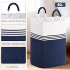 Laundry Basket Hamper,Blanket Storage,Dirty Clothes Hamper with Swivel Handles,Woven Cotton Rope Toy Baskets,Blanket Basket Living Room,Decorative Hampers for Nursery,Bedroom,White & Blue,80L - Image 6