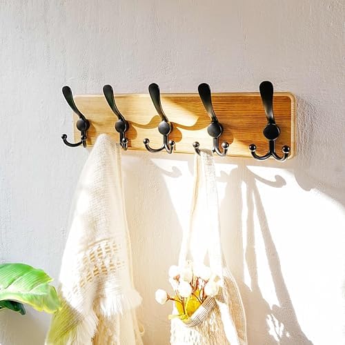Dseap Coat Rack Wall Mount - Heavy-Duty Robust Rustic Wooden Wall Coat Hanger Hook Rail with 5 Triple Hooks for Winter Jacket & Hat Clothing, Light Brown & Black - Image 7