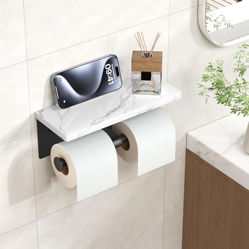 FORIOUS Double Marble Toilet Paper Holder with Phone Shelf, Mattle Black - Image 2