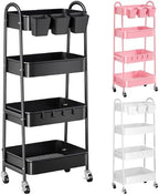 Black 4 Tier Rolling Cart Metal with Lockable Wheels,Four Tiered Dorm Carts by Recximi
