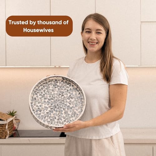 Serving Tray 12.5 Inch, Lacquer Mother of Pearl Inlay Mosaic Tray, Round Wooden Marble Tray with Handles Trays for Tea, Breakfast (Black Leaf) - Image 3