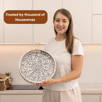 Serving Tray 12.5 Inch, Lacquer Mother of Pearl Inlay Mosaic Tray, Round Wooden Marble Tray with Handles Trays for Tea, Breakfast (Black Leaf) - Image 3