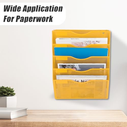 EASEPRES 5 Pocket Mesh Hanging Wall File Organizer, Wall Mounted Mail Paper Document Folder Holder, Clipboard Storage Organization Magazine Rack with Nametag Label for Office Home School, Yellow - Image 5