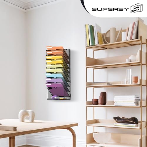 SUPEASY 10Tier Hanging Wall File Holder Organizer for Papers, Folders, Files Clipboard & Magazine Organization Great for Office Home, Assembly Needed, Black - Image 7