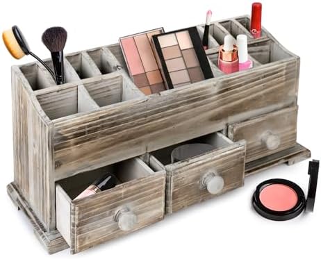 Besti Rustic Vanity Organizer for Cosmetics, Makeup, and Bathroom Accessories, Wooden Farmhouse Storage Box with 3 Drawers, Vintage Countertop, Dresser, or Desk Organization by Besti